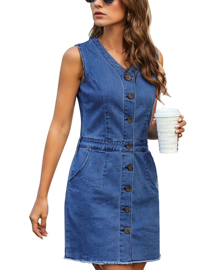 LookbookStore Short Denim Dress for Women Summer Dark Blue Sleeveless V-Neck Casual Dress with Pockets Frayed Raw Hem Size S - Image 3